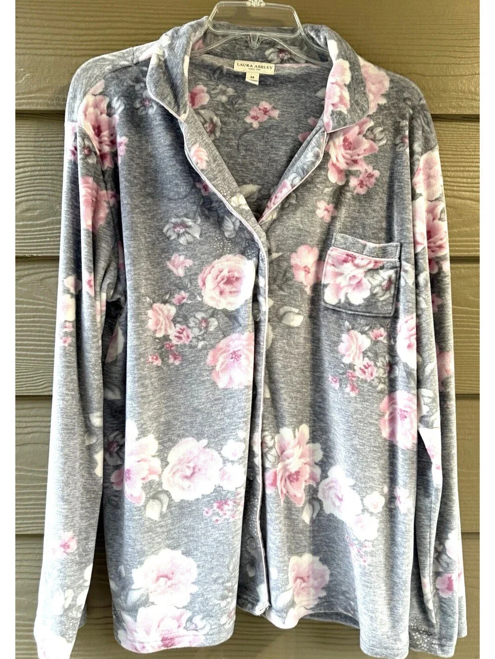 Laura Ashley Women's Gray Pink Floral Velvet Pajama Top & Pants Set 2pc